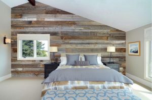 Papel pintado con textura de madera en dormitorio