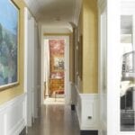 Papel pintado textura tela sobre zócalo blanco madera en pasillo